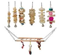 Toyvian 7pcs Parrot Bite Set with Hanging Rope, Wooden Rattan Balls | Seven Piece Cage Assortment, Dangling Bells and Bright Colors, Perch Climbing Support for Conures