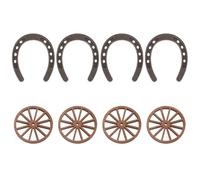 Toyvian 8pcs Mini Plastic Horseshoe and Wagon Wheel Decorations for Western Theme Party and Diorama Creations, Rustic Brown Micro Landscape Decor and Table Centerpieces