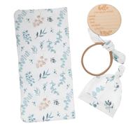 Toyvian Baby Wrap Swaddle with Headband and Hat Eucalyptus Leaf 4-Piece Set Includes Wooden Birth Announcement Sign Soft Polyester Material