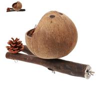 Toyvian Bird Perch Natural Wood Branch Platform with Coconut Shell Nest | Coconut Shell, Pine Cone and Wood, for Bird Exercise and Cage Play, Natural Bird Nest Accessory