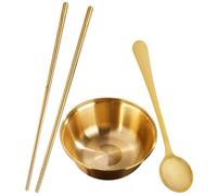 Toyvian Brass Salad Serving Bowl Set with Chopsticks and Spoon, Multi-Function Metal Dinnerware for Home and Korean Kitchen Use, 3pcs Tableware for Family Meals and Parties