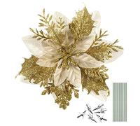 Toyvian Christmas Glitter Artificial Poinsettia Flowers- 12pcs Christmas Tree Flowers Ornaments- Xmas Party Decoration with 12pcs Stems and Clips (Gold)