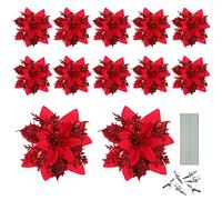 Toyvian Christmas Glitter Artificial Poinsettia Flowers, 12pcs Christmas Tree Flowers Ornaments, Xmas Party Decoration with 12pcs Stems and Clips (Red)
