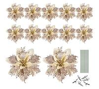 Toyvian Christmas Glitter Artificial Poinsettia Flowers, 12pcs Christmas Tree Flowers Ornaments, Xmas Party Decoration with 12pcs Stems and Clips ( Light Gold )