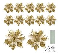 Toyvian Christmas Glitter Artificial Poinsettia Flowers, 12pcs Christmas Tree Flowers Ornaments, Xmas Party Decoration with 12pcs Stems and Clips ( Gold )