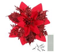 Toyvian Christmas Poinsettia Flowers - 12Pcs Xmas Red Glitter Artificial Flower with Stems & Clips, Tree Decorations Ornaments Christmas Wreath Decorations Party Supplies for New Year