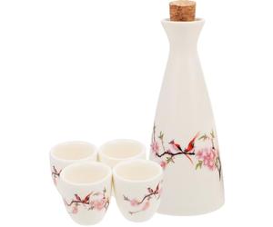 Toyvian Japanese Style Hand-Painted Ceramic Sake Set with Red Cherry Blossom Motif - 1 Sake Pot and 4 Glazed Cups - Traditional Tableware for Dining and Entertaining