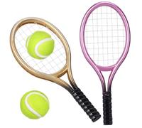 Toyvian Miniature Tennis Racket and Ball Set 1:12 Dollhouse Accessories Mini Sports Equipment for Cake Decoration DIY Craft Projects Model Tennis Rackets Set of 2 Random Color
