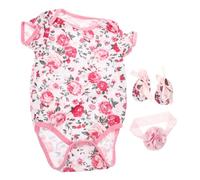 Toyvian Newborn Baby Romper 3pcs Set with Rose Pattern Bodysuit, Headband and Shoes, Cotton Short Sleeve Clothes for Reborn Doll 18-23 Inch Toddler Girl Doll
