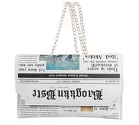Toyvian PU Leather Shoulder Bag for Women White Newspaper Print Crossbody Pouch with Chain Strap for Daily Use and Outdoor Storage