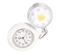 Toyvian Retractable Fob Watch Clip-on with Easy Pull Hook, Tea Flower White Stainless Steel Nursing Pocket Watch for Women Doctors and Students