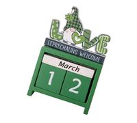 Toyvian Wooden St Patrick's Day Desktop Calendar Creative Perpetual Tabletop Decoration for Desk Mantel Bookshelf Festive Green Leaf Gnome Design Stable Carved Painted Wood Countdown