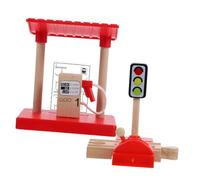 Toyvian Wooden Train Track Accessories Multifunctional Gas Station Model DIY Lifting Road Block for Imaginative Play and Assembly