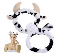 TOYZFRIENDY 2pcs Cow Pattern Bow Headbands for Women Makeup and Face Wash Adorable Cow Horn Design Spa Hairbands for Daily Hair Fixing and Skincare Comfortable All-day Wear