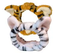 TOYZFRIENDY 2pcs Plush Wide Tiger Ears Headband for Women Elastic Stretch Makeup Hairbands for Face Washing Spa Yoga Cosplay Soft Comfortable Hair Wraps in White and Yellow