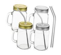 TOYZFRIENDY 4 Pcs Glass Drinking Mugs with Handle Lid Straw Transparent Square Glass Cups for Juice Milk Water Reusable Jars with Stainless Steel Straws