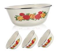 TOYZFRIENDY 4pcs Retro Enamel Basin Rose Pattern Thickened Vintage Kitchen Supply Bowls for Soup Pasta Salad Fruit Multipurpose Kitchenware