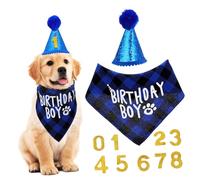 TOYZFRIENDY Dog Birthday Bandana and Pompom Party Hat Soft Plaid Fabric Scarf with Sequined Cone Hat Comfortable Puppy Birthday Decorations for Festive Pet Celebrations and Gift