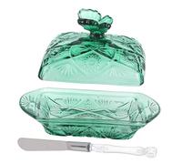 TOYZFRIENDY Green Glass Butter Dish with Lid Airtight Butter Holder for Refrigerator and Countertop Elegant Clear Dome Cover for Cake Cheese and Party Table Display