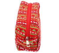 TOYZFRIENDY Knitted Large Capacity Pencil Case and Makeup Bag for Yarn Material with Red Green Stripe Pattern Versatile Storage Pouch for Stationery Cosmetics and Travel Essentials