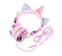 TOYZFRIENDY Rhinestone Gaming Headset with Unicorn Horn Cat Ear Design Over-ear Wired Headphones Jack Volume Control Safe for Boys Rose Gold