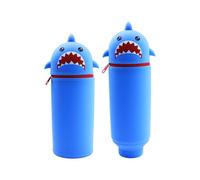 TOYZLY 2 in 1 Silicone Pencil Case, Cute Kawaii Pencil Case, Soft Retractable Pen Holder for Desk or School, Zipped Standing Pencil Pouch for Kids & Teens (Blue Shark)