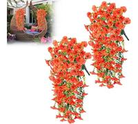 TOYZLY 2PCS Hanging Baskets Artificial Flowers, Fake Morning Glory Artificial Hanging Flowers for Outdoor, Faux Silk Mums & Violets, Hanging Plants for Garden Balcony Porch Spring Decor (Orange)