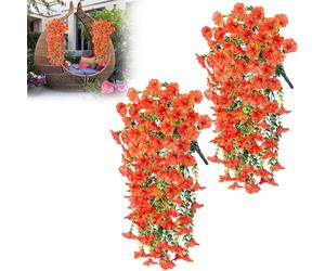 TOYZLY 2PCS Hanging Baskets Artificial Flowers, Fake Morning Glory Artificial Hanging Flowers for Outdoor, Faux Silk Mums & Violets, Hanging Plants for Garden Balcony Porch Spring Decor (Orange)