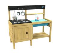 TP Toys Junior Chef Wooden Mud Kitchen With Working Tap & Sink - FSC Certified Timber. Includes A 4 Ring 'hob, An 'oven, and Splash Tub. Perfect For Sand Play, 2 Roomy Shelves Age - 3 Years +