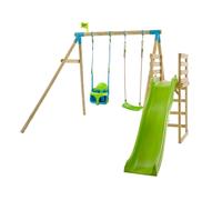 TP Kite Wooden Double Swing Set with Quadpod, Roped Rapide Seat and 8ft Slide