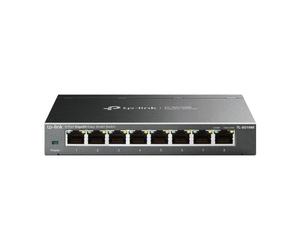 TP Link TL-SG108E Switch 8-port Gigabit smart switch with VLAN, QoS, metal housing, and energy-saving features.