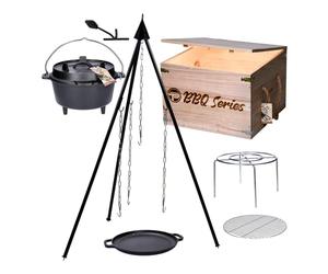 TP Premium BBQ Dutch Oven Tripod Set, 7 Pieces with Fire Pot, Tripod, Cast Iron Frying Pan, Cooking Grate Including Grill Accessories and Wooden Box, Ideal as a Gift Set