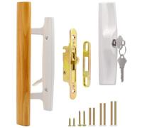 TPard Keyed Sliding Glass Patio Door Handleset with Mortise Lock 45° Keyway | Wood Inside Handles and Zinc Diecast Outside Pull, 3-15/16" Hole Spacing, Non-Handed, White