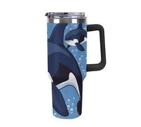 TPDHJK 1180 Ml Large Capacity Car Cup Blue Killer Whale Cup Vacuum Insulated Water Bottle Leak-Proof Tumbler with Handle and Straw Insulated Cups