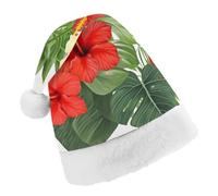 TPDHJK Christmas Hats for Adults Vegetation Leaves with Hibiscus Flowers Santa Hats Unisex Red Velvet Holiday Headwear Xmas Hat for Christmas Festive New Year Party Child