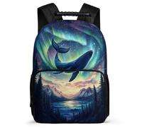 TPISLI Aurora Whale Print School Backpack 6-11 Years for Girls Boys, Sea Creature Daypack for Kids, Lightweight Bag, Side Pockets, Padded Back, Travel Daily Use