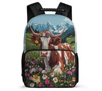 TPISLI Boys Girls Cattle Flowers Print Backpack for School, Bull Animal Rucksack Primary Age 6-11, Sturdy Book Bag, Soft Felt Details, Short Trips, Everyday Use