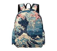 TPISLI Boys Japanese Style Waves School Backpack Girls Rucksack Waves Ages 7-11 Book Bag for Junior School, Durable 14 Inch Laptop Bag for Outdoor Trips and Classes