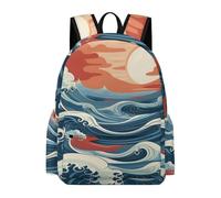 TPISLI Children School Backpack Japanese Style Waves Rucksack Waves Ages 10-16 for Boys Girls, Trendy 14 Inch Laptop Bag for Outdoor Trips and Classes and Class Travel Use