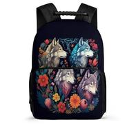 TPISLI Children Wolves Motif School Backpack Age 5-10 Flowers Wolf Rucksack for Girls Primary Classes, Soft Felt Details Adjustable Straps Daily Essentials