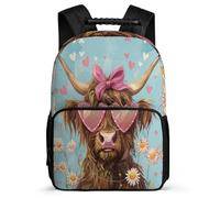 TPISLI Cow Animal Motif Backpack for Kids and Teens Primary School Highland Cow Rucksack 6-11 Years Boys Girls, Adjustable Straps Side Pockets Back to School Gift
