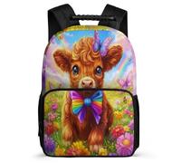 TPISLI Cow Animal Motif School Bag for Students Primary Age 6-11 Cute Highland Cow Rucksack for Boys Primary School, Adjustable Straps Soft Felt Details Birthday Gift