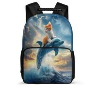 TPISLI Dolphin Cat School Backpack School Years 1-4 for Girls Boys 8-12 Years Marine Life Pattern Rucksack Girls Boys, Lightweight Side Pockets Daily Essentials