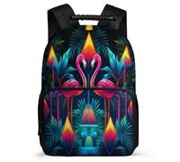 TPISLI Flamingo School Backpack for Boys Girls Age 5-10 Bird Plant Print Rucksack for Students Year 3-6, Side Pockets Soft Felt Details Back to School Gift