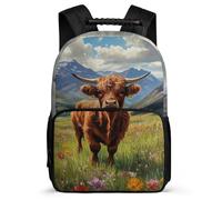 TPISLI Highland Cow Backpack for Kids Age 5-10, Cattle Print School Bag for Students, Lightweight Rucksack, Side Pockets, Padded Back, Travel Daily Use
