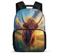 TPISLI Highland Cow Print School Backpack for Girls School Years 1-4 Cattle Backpack Primary Age 6-11 Kids and Teens, Side Pockets Adjustable Straps Birthday Gift