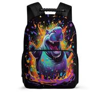 TPISLI Hippo Printed School Bag for Students Primary Age 6-11 Animal Daypack for Boys Junior School, Soft Felt Details Side Pockets Daily Essentials