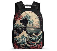 TPISLI Japanese Style Backpack School Years 1-4 for Students 7-11 Year Olds Wave Pattern Rucksack Kids and Teens, Side Pockets Soft Felt Details Back to School Gift