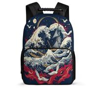 TPISLI Japanese Style Waves Rucksack School Years 1-4 for Kids and Teens 8-12 Years Waves Daypack Students, Soft Felt Details Side Pockets Back to School Gift