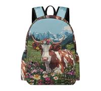 TPISLI Kids Backpack for Girls 8-16 Years Cattle Flowers Print School Bags for Boys Primary School Years 2-6, Childrens Rucksack with Bull Animal, Fits A4 Folder